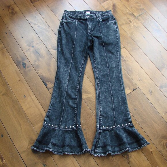 Flare Jeans Pearl Detailing Raw Hem Black Gray Boho Hippie Festival Wide Leg 6 - Picture 2 of 15